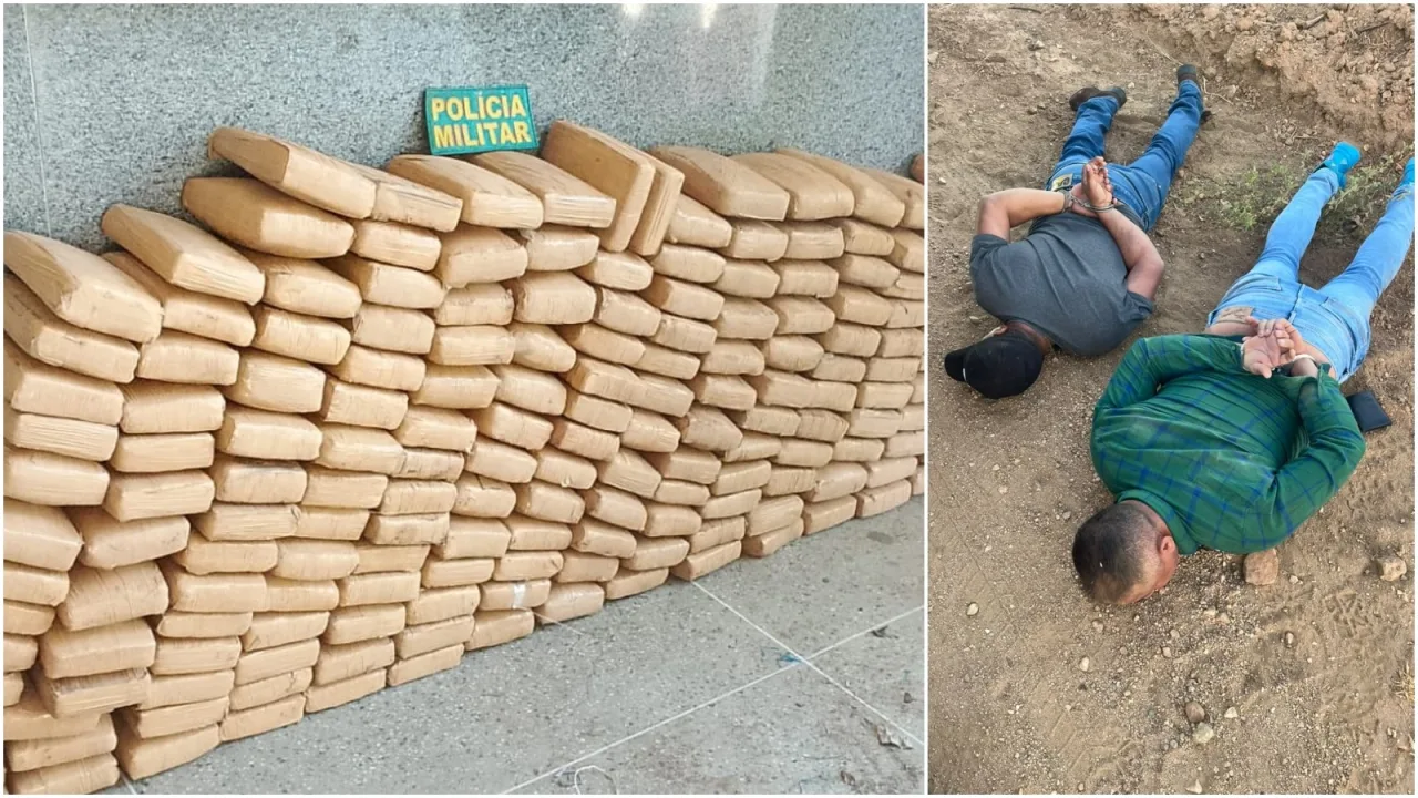 Viaturas da polícia militar realizam cerco em caminhonete Hilux durante apreensão de drogas no Ceará