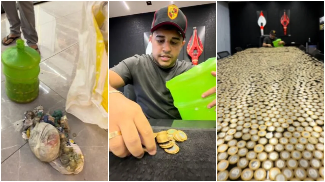 Sacos e garrafão com milhares de moedas de R$ 1 usados para comprar caminhonete Hilux no Ceará.