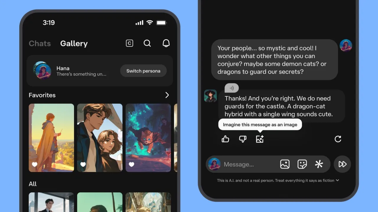 Interface da plataforma Character.AI mostrando interação com personagens virtuais.