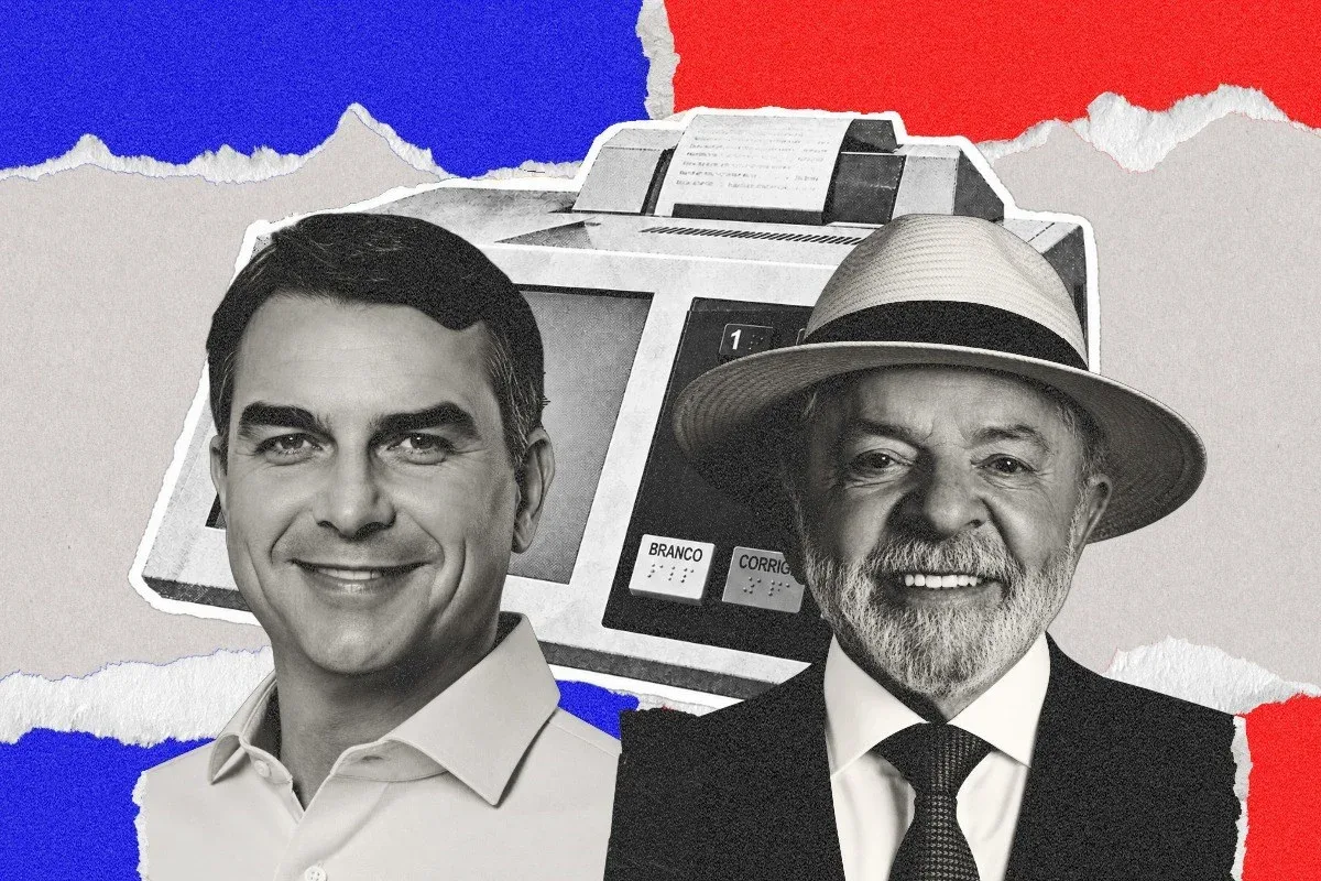 Foto de Flávio Bolsonaro e Luiz Inácio Lula da Silva lado a lado.
