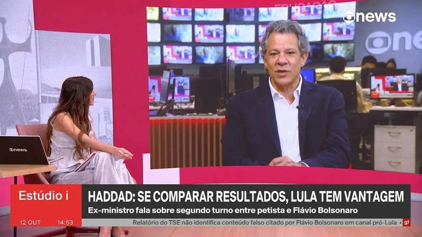 Fernando Haddad durante entrevista concedida ao programa Estúdio i da GloboNews.