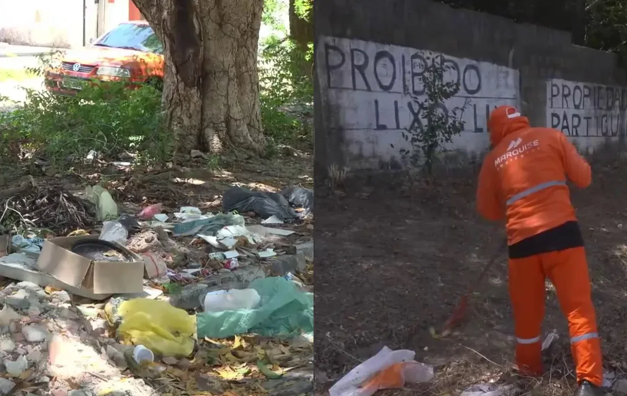 Trabalhadores da limpeza urbana realizando a varrição de uma rua em Fortaleza.