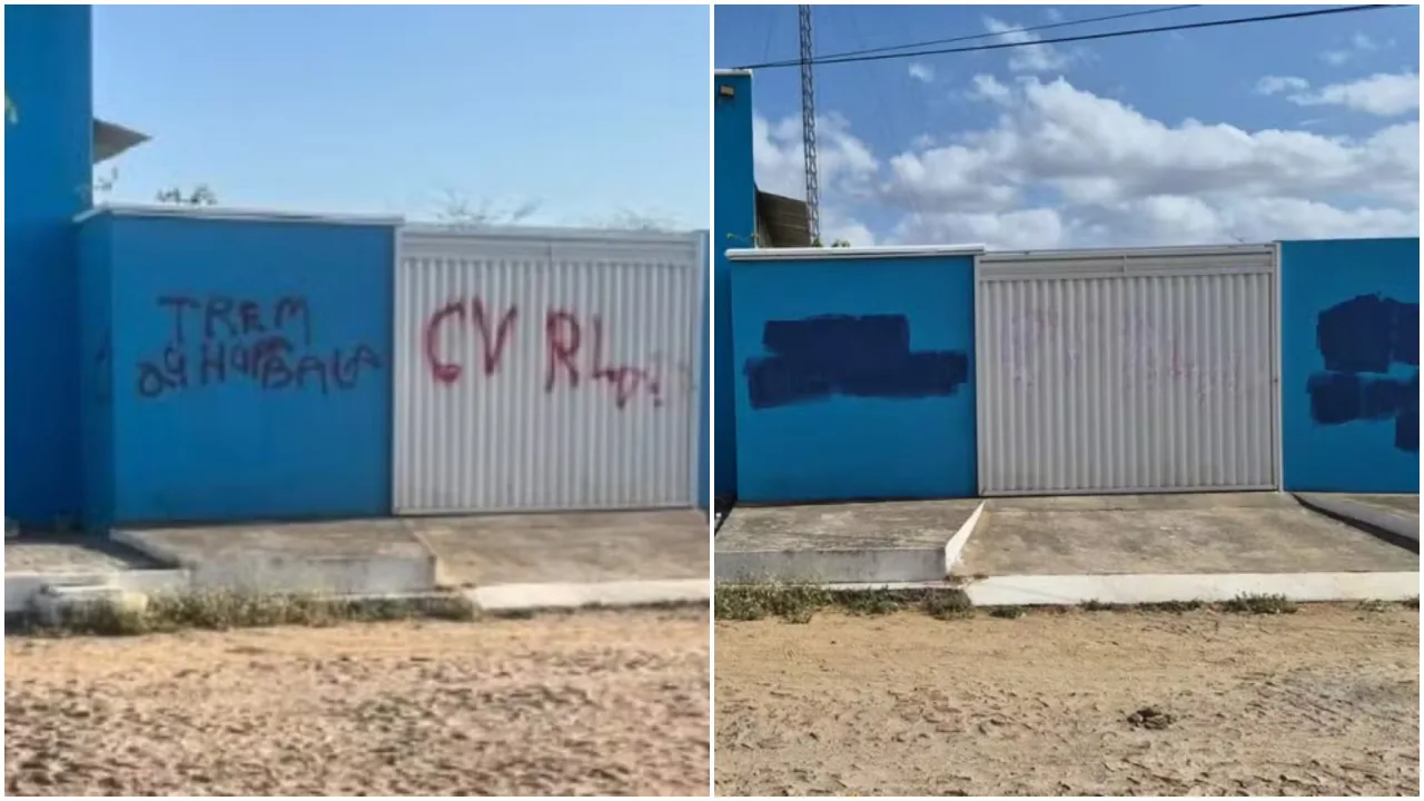 Fachada de provedora de internet pichada com símbolos da facção Comando Vermelho.