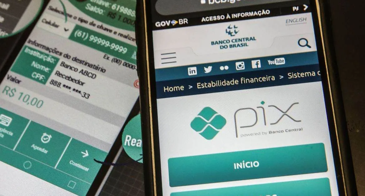 Ilustração do logotipo do Pix em destaque sobre fundo moderno.