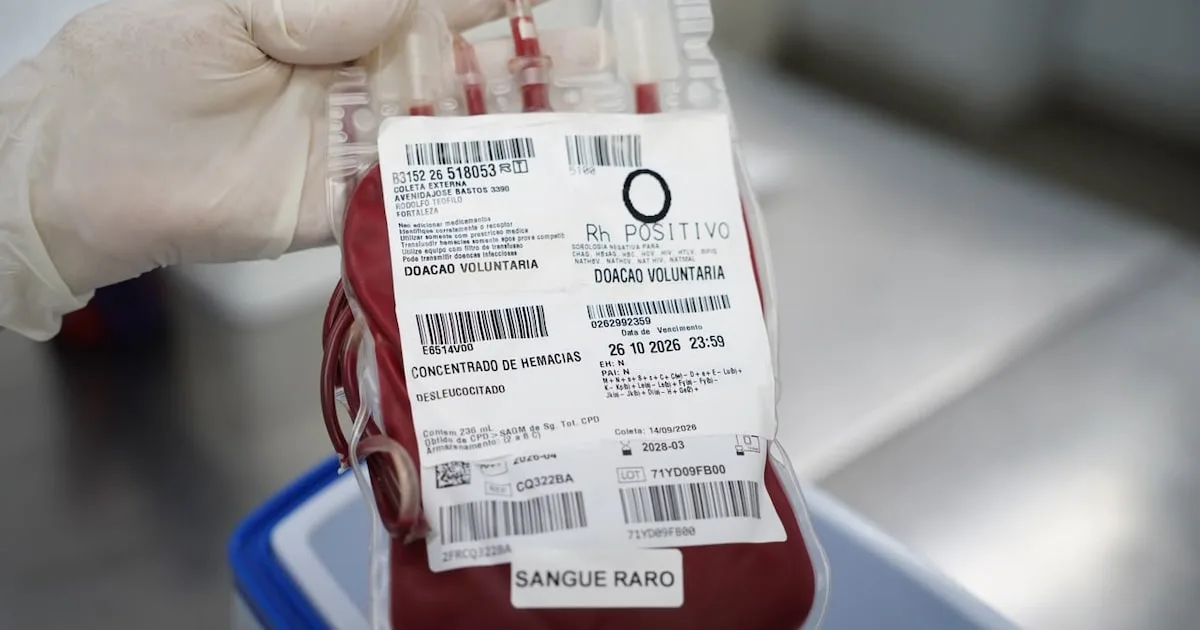 Equipe médica manuseando bolsa de sangue para transporte via avião comercial.