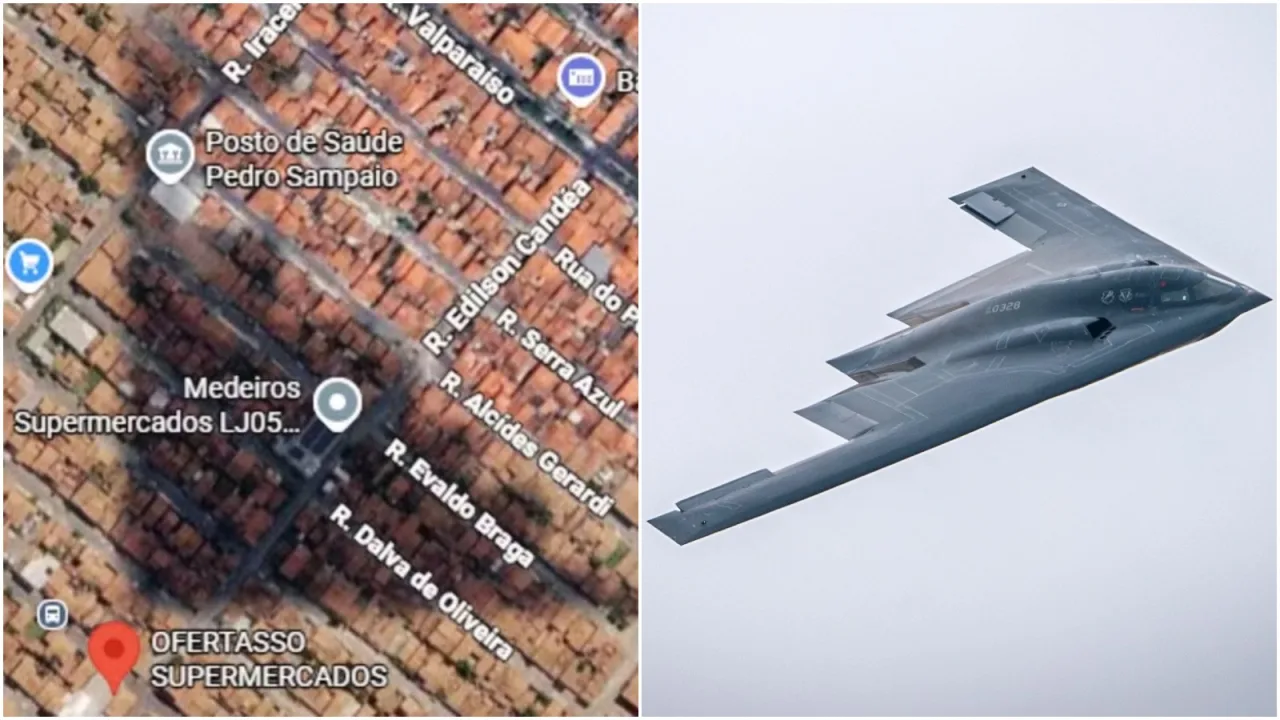 Imagem de satélite no Google Maps mostrando sombra que se assemelha a um bombardeiro em Fortaleza.