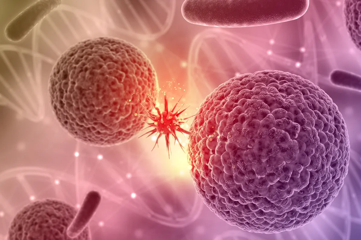 Ilustração colorida de células cancerígenas em laboratório.