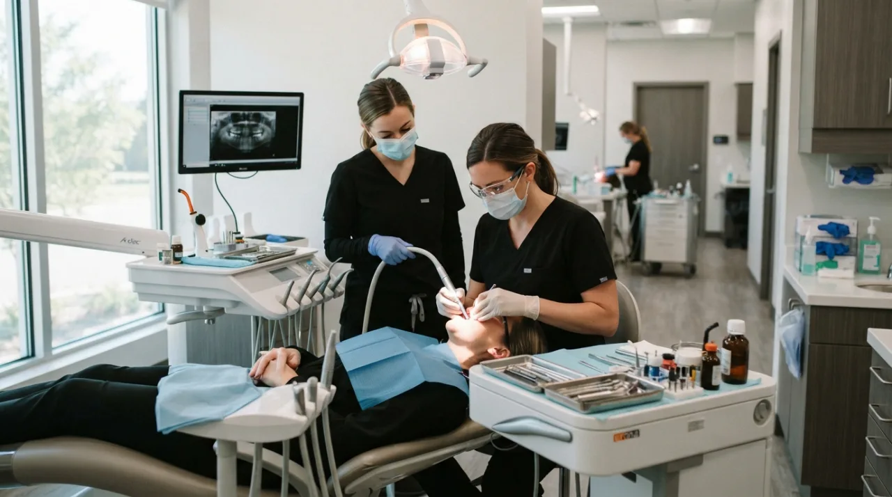 Ambiente clínico moderno e limpo, focando em equipamentos de odontologia e auxílio médico, com iluminação profissional e atmosfera profissional, estilo fotografia jornalística.