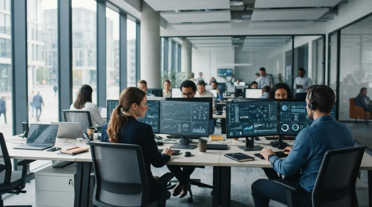 Ambiente de escritório corporativo moderno, profissionais focados em telas de computador mostrando gráficos complexos e redes de dados, iluminação profissional, alta tecnologia, at