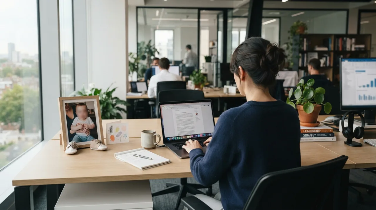 Ambiente de escritório moderno e profissional, com mesa de trabalho organizada, foco em representação de maternidade no trabalho, tons sóbrios, iluminação natural, estilo fotografi