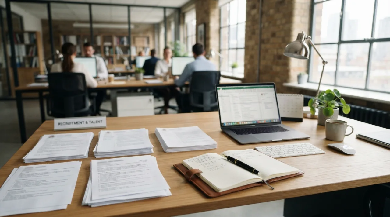 Ambiente profissional de escritório com papéis, currículos organizados sobre uma mesa, luz clara e foco em produtividade, estilo editorial de alta qualidade.