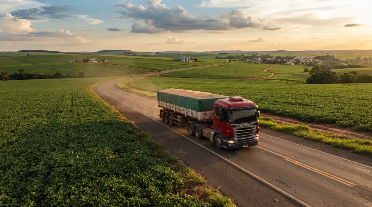 Caminhão de carga transportando grãos em uma rodovia brasileira cercada por plantações, luz de fim de tarde, foco na movimentação logística do agronegócio.