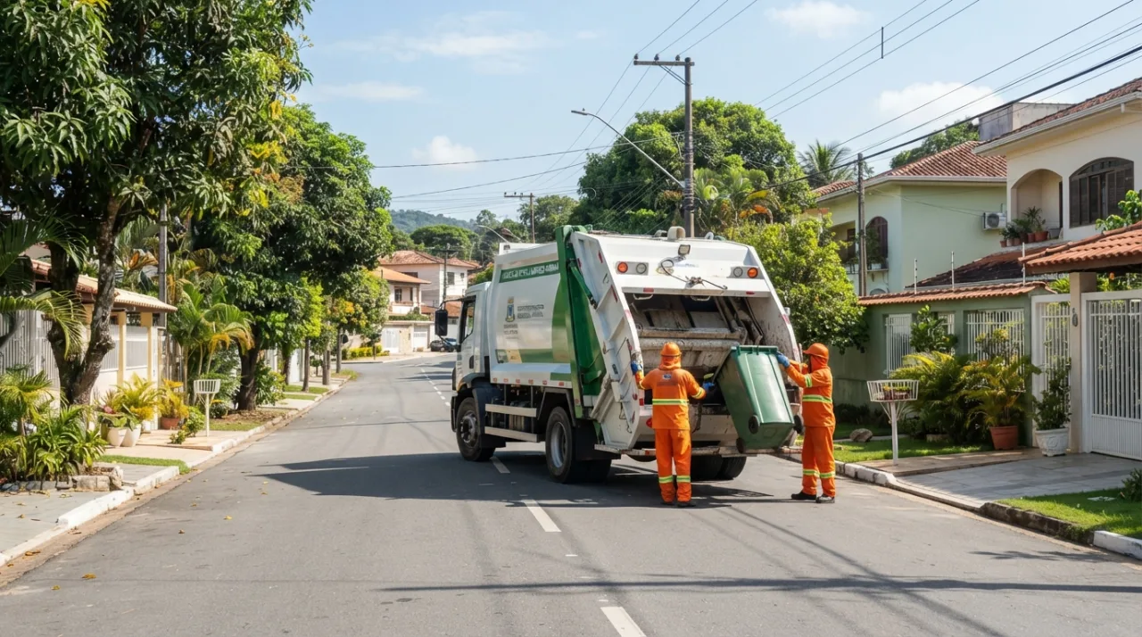 Caminhão de coleta de lixo e limpeza urbana em uma rua residencial brasileira, dia ensolarado, aspecto organizado e limpo, estilo fotografia jornalística.