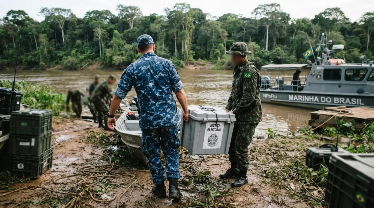 Cena de logística militar em ambiente rural ou amazônico, envolvendo transporte de equipamentos de votação, com foco na cooperação entre forças e neutralidade, estilo fotojornalism