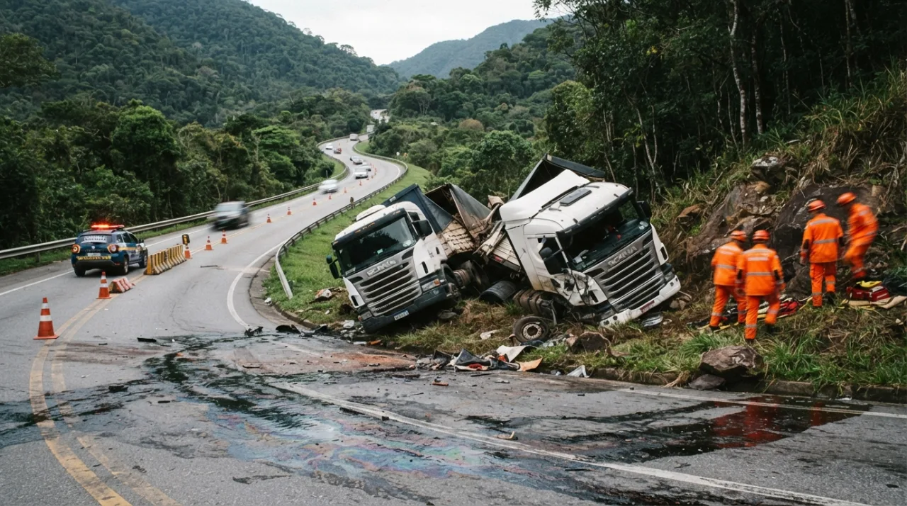 Cena de um caminhão tombado na beira de uma rodovia sinuosa de serra, com marcas de derramamento de óleo na pista e equipes de bombeiros vestindo uniforme laranja trabalhando ao fu
