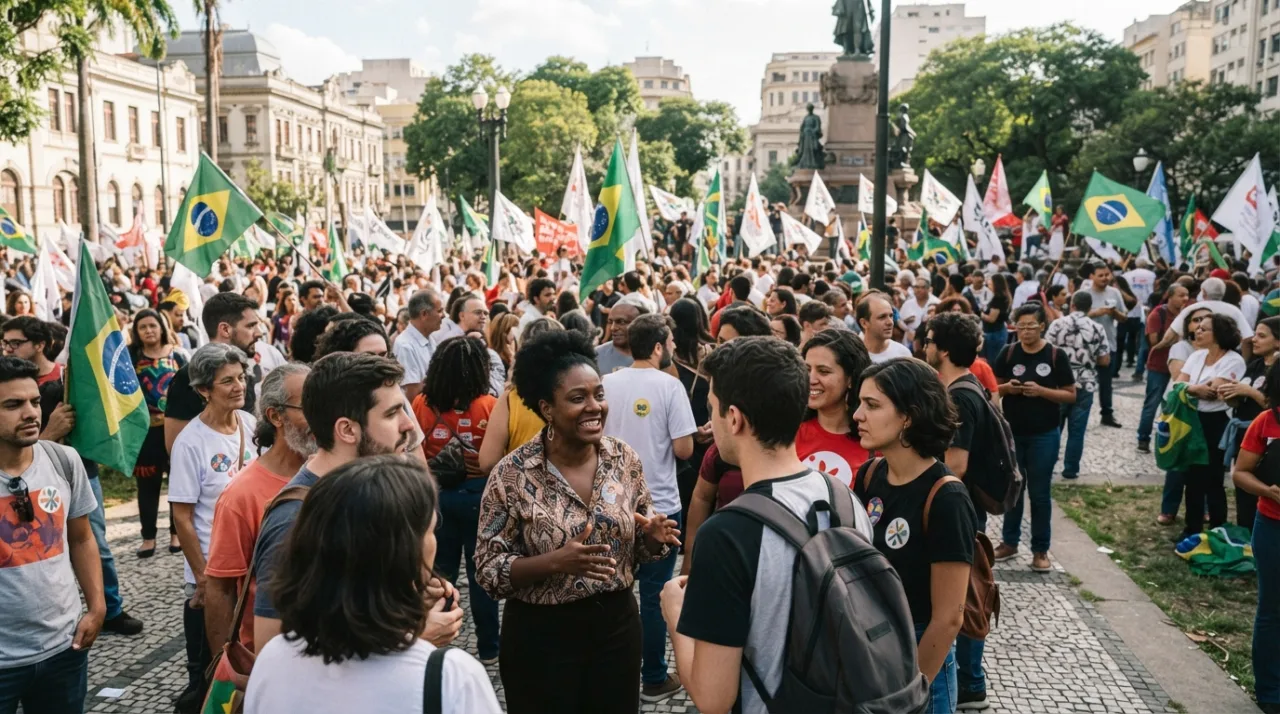 Cena urbana de um comício político pacífico em uma praça brasileira, com bandeiras e pessoas conversando, foco em diversidade e engajamento social, luz do dia, estilo jornalístico