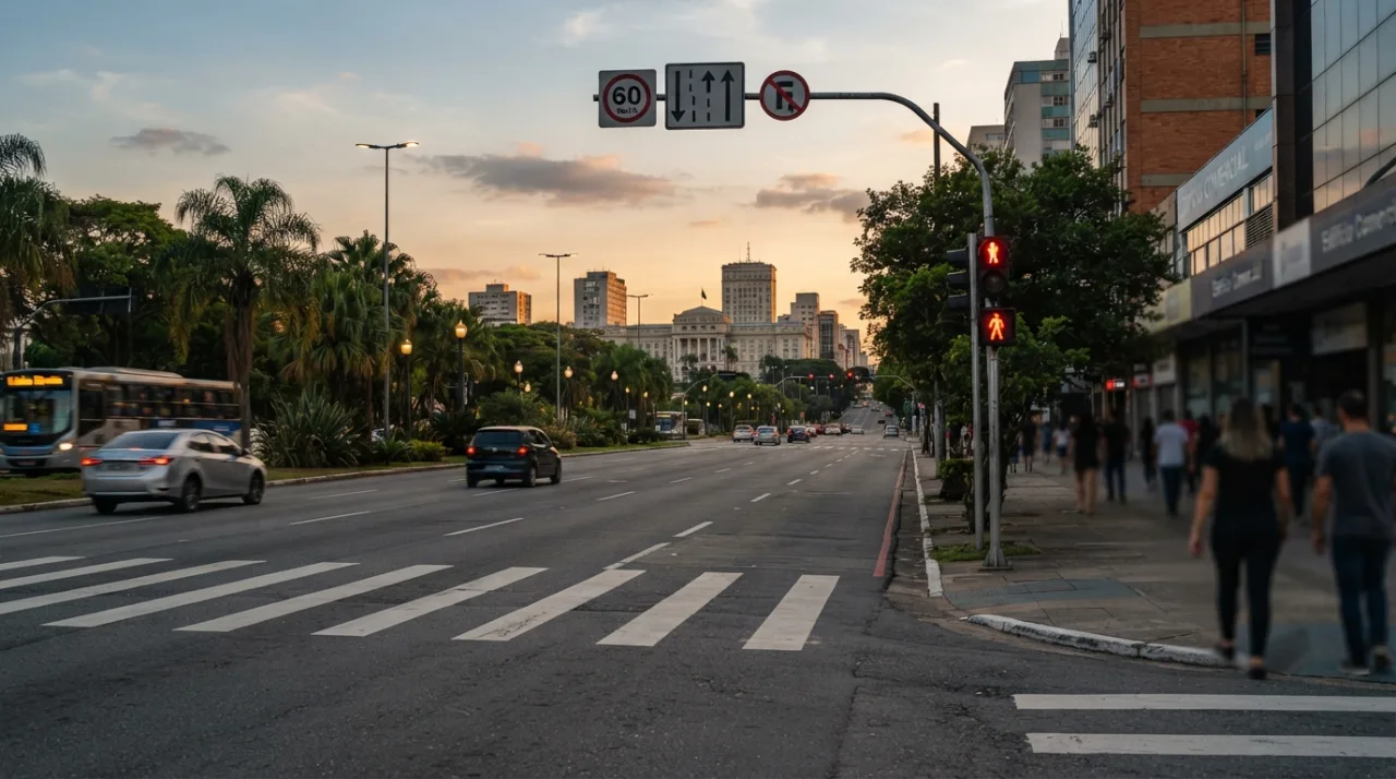 Cena urbana de uma avenida larga em uma cidade brasileira, foco em sinalização de trânsito, faixa de pedestres, ambiente urbano sereno com luz do entardecer, estilo jornalístico pr