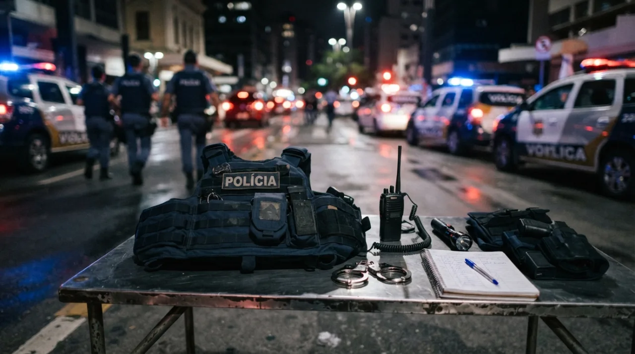 Cena urbana noturna contendo diversos equipamentos policiais, incluindo coletes táticos e algemas sobre uma mesa, com luzes de viaturas desfocadas ao fundo, estilo fotografia jorna