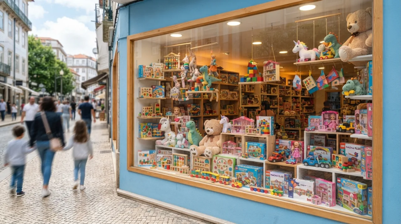 Cena vibrante e organizada de uma vitrine de loja de brinquedos modernos e coloridos em uma rua comercial movimentada, iluminação clara e alegre, foco em produtos infantis variados