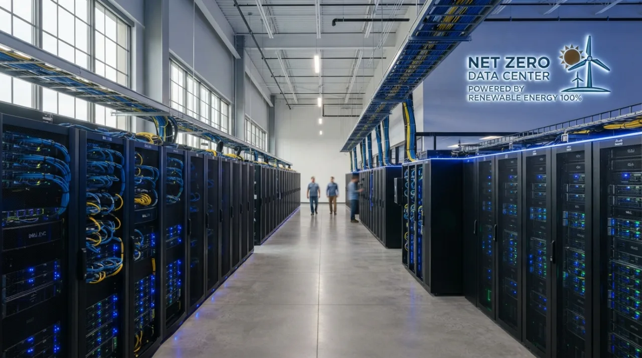 Centro de processamento de dados moderno com luzes azuis e fileiras de servidores, ambiente tecnológico limpo e organizado, representando conectividade digital e energia renovável.