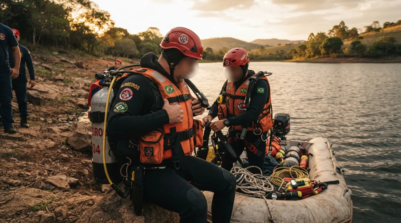 Equipe de mergulhadores do corpo de bombeiros em um açude durante uma operação de busca, foco em coletes de segurança e equipamentos de mergulho, iluminação natural de fim de tarde