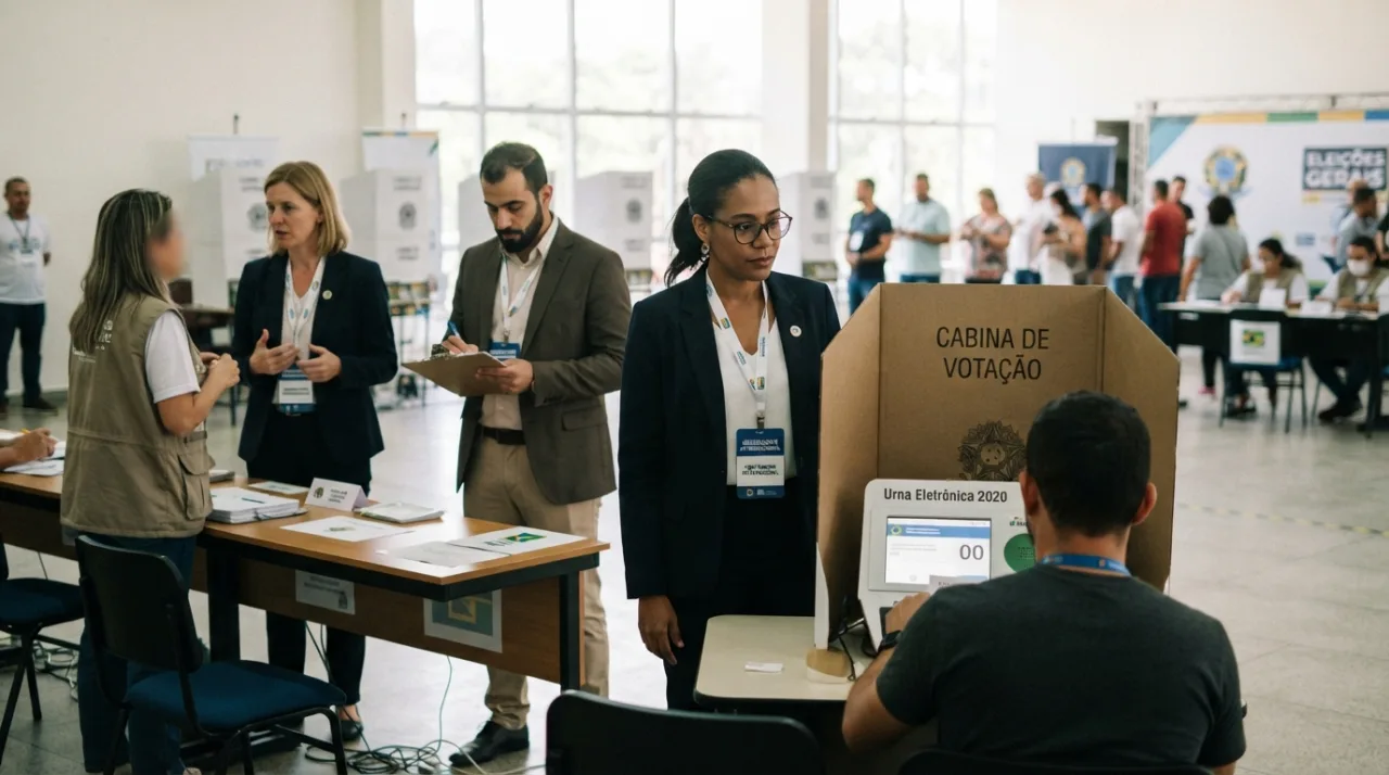 Equipe de observadores internacionais em um ambiente de votação, com urnas eletrônicas ao fundo, focando na organização e na seriedade do processo eleitoral.