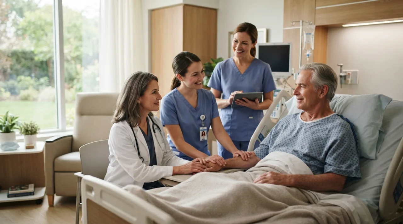 Equipe de saúde multidisciplinar em ambiente hospitalar moderno, focada no acolhimento e no cuidado humano com paciente idoso, luz suave e ambiente acolhedor.