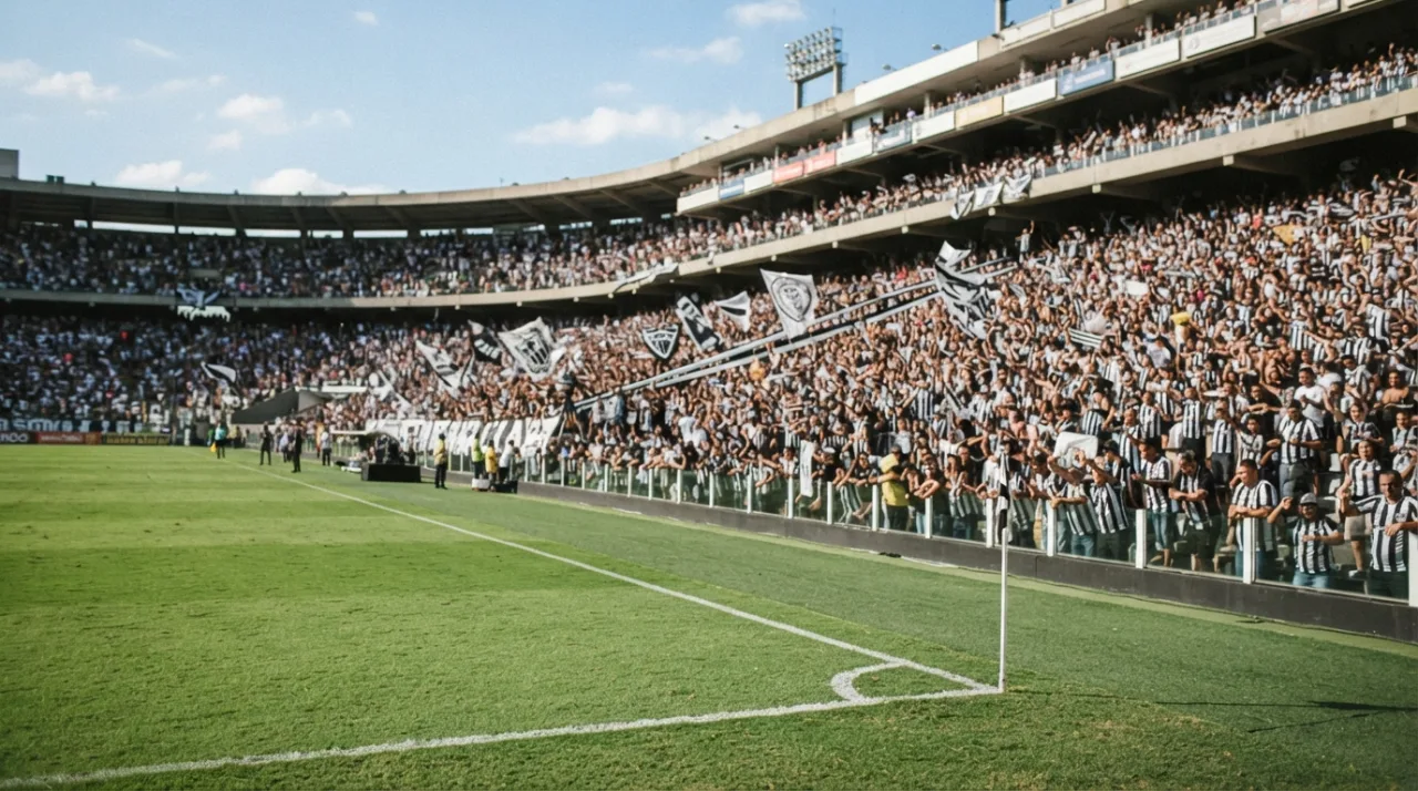 Estádio de futebol lotado com torcida vestindo camisas alvinegras em dia de sol, foco na atmosfera do gramado durante um jogo da Série B, sem jogadores identificáveis.