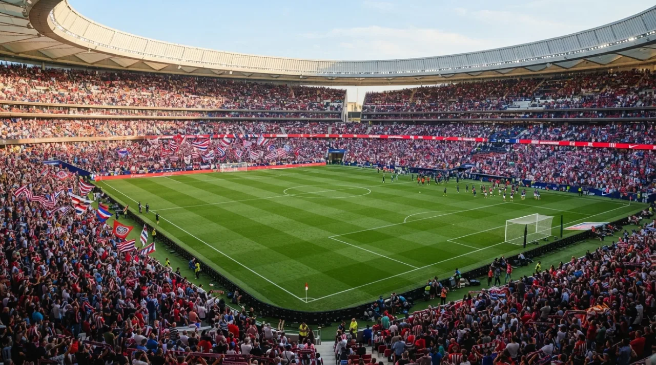 Estádio de futebol profissional lotado com gramado impecável, iluminação de tarde ensolarada, vista das arquibancadas com bandeiras de times, foco no campo de jogo pronto para uma
