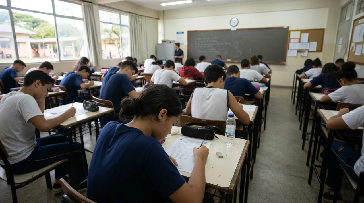 Estudantes concentrados em uma sala de aula de escola pública realizando uma prova de avaliação educacional, foco em materiais escolares e ambiente de dedicação acadêmica.
