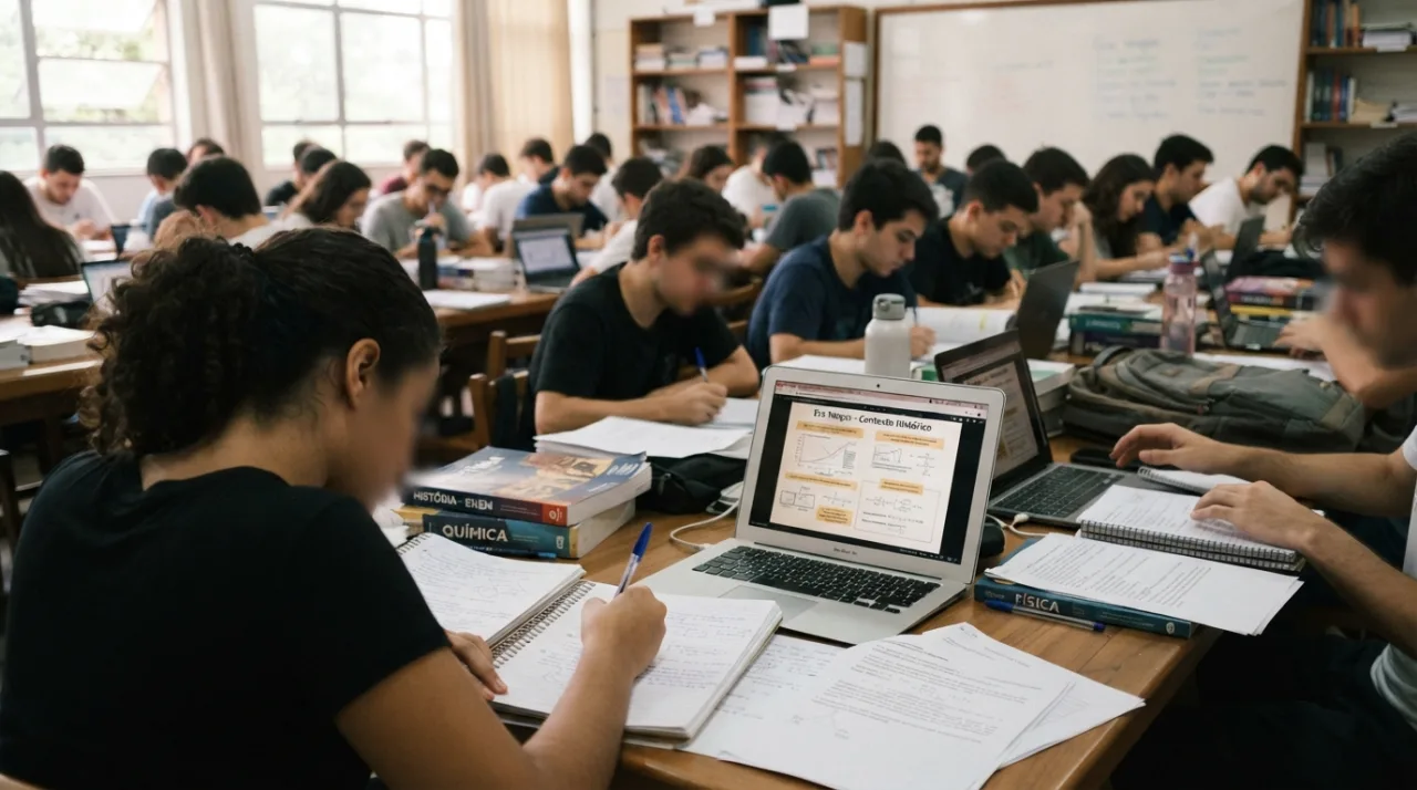 Estudantes em sala de aula de cursinho concentrados, foco em livros, cadernos e tela de computador com materiais de estudo, iluminação acadêmica suave.