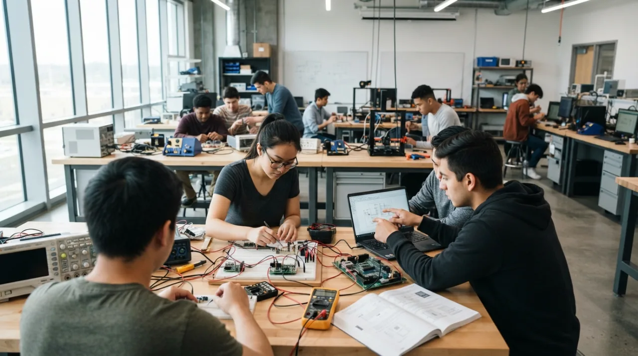 Estudantes em um ambiente de laboratório técnico moderno de uma instituição de ensino, com foco em educação profissional, iluminação natural, ambiente colaborativo.
