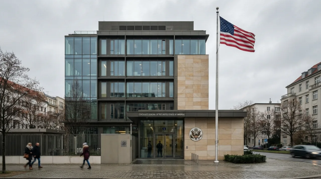 Fachada de prédio consular moderno com a bandeira dos Estados Unidos ao lado, em um dia nublado.