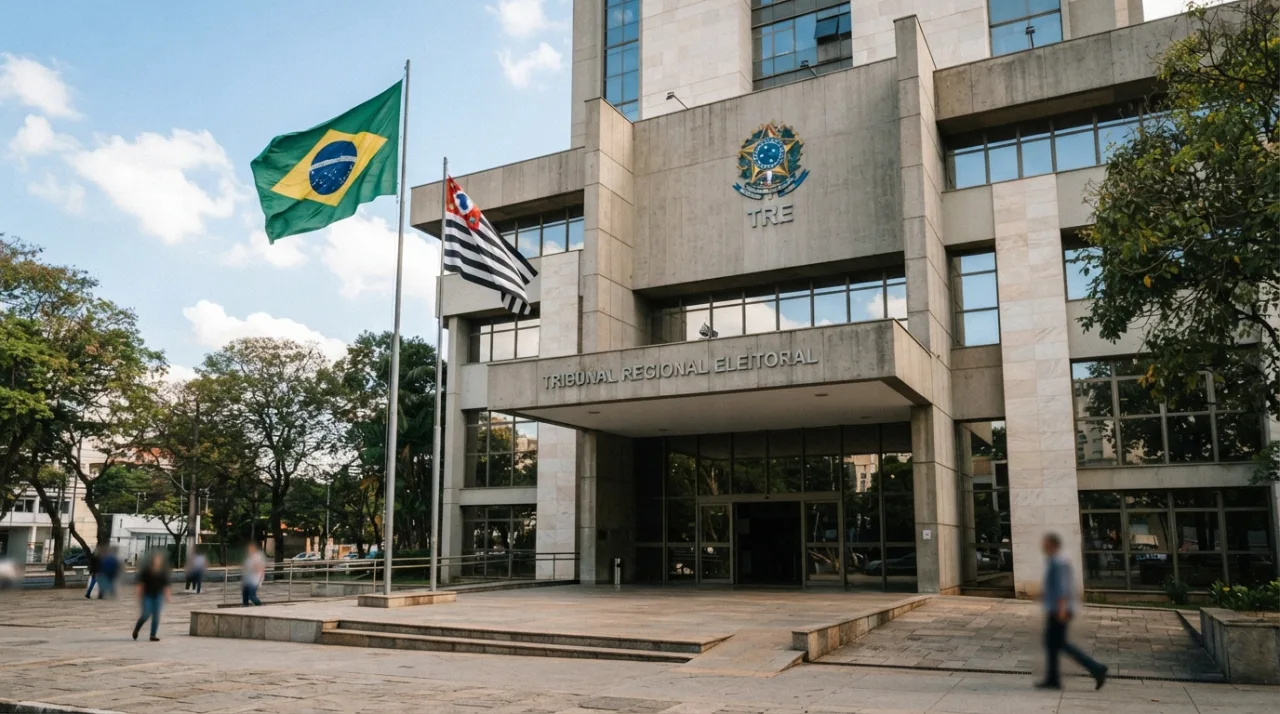 Fachada de prédio do Tribunal Regional Eleitoral com bandeiras do Brasil, estilo jornalístico, luz natural.