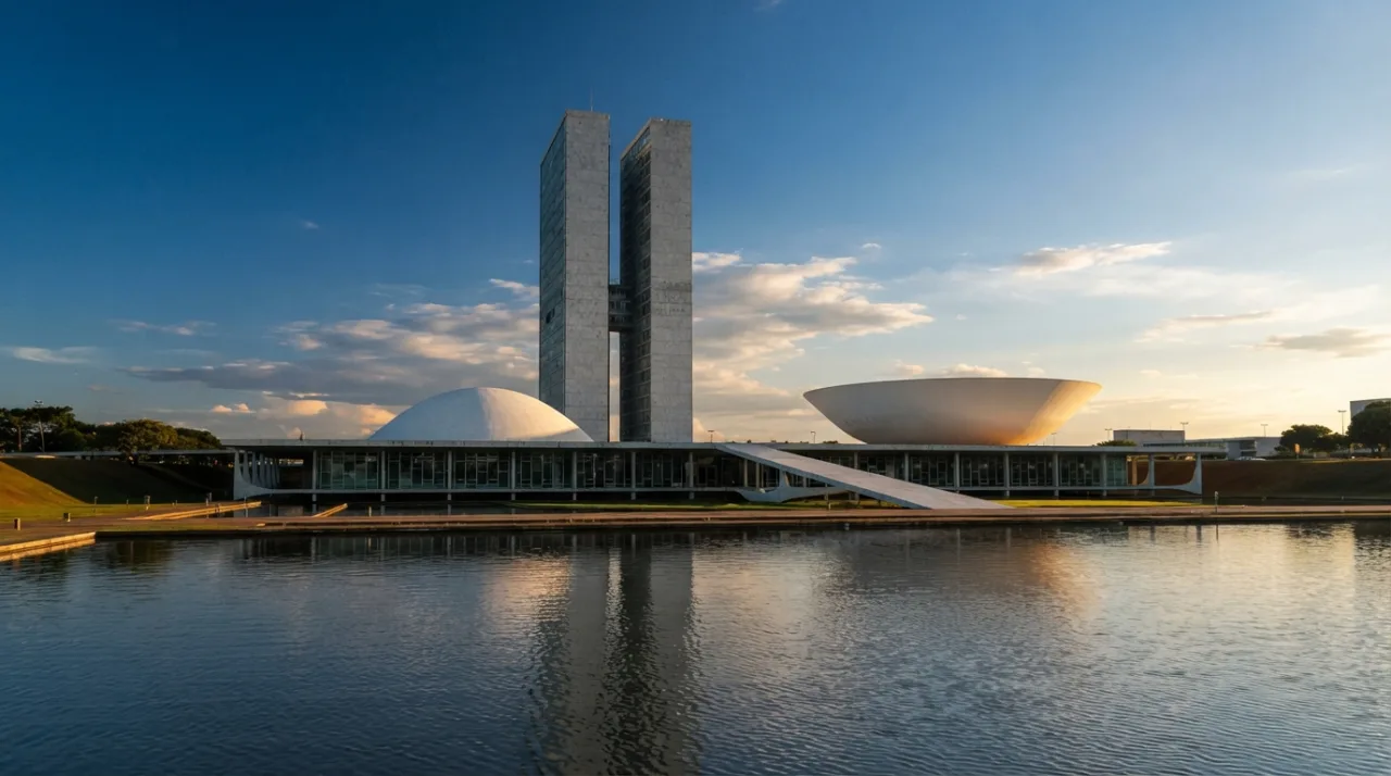 Fachada do Congresso Nacional em Brasília com luz natural de final de tarde, arquitetura monumental, foco no design icônico dos prédios e cúpulas.