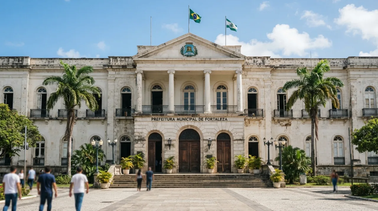 Fachada do prédio da prefeitura de Fortaleza em dia ensolarado, arquitetura histórica, foco na entrada principal do edifício governamental.