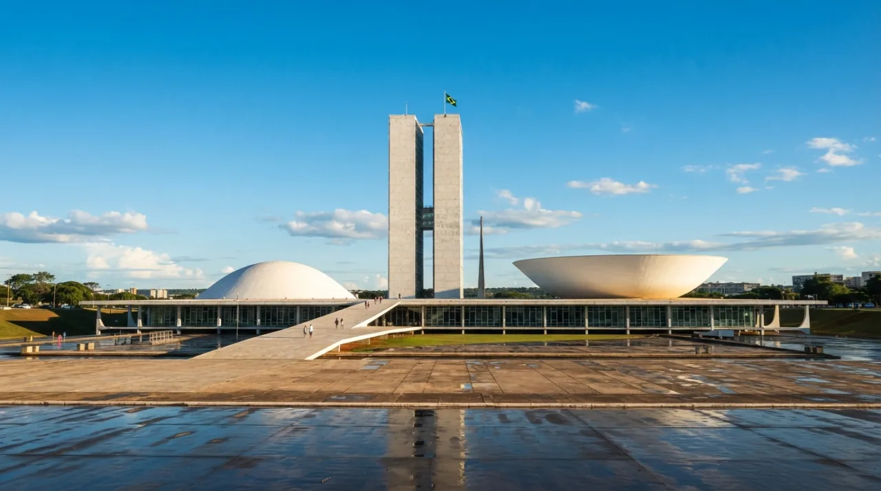 Fachada do prédio do Congresso Nacional em Brasília com céu azul ao fundo, iluminação de tarde, ângulo amplo.