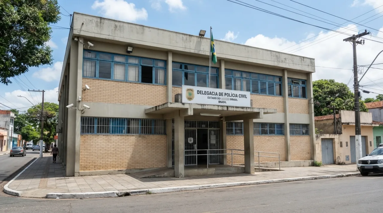 Fachada externa de uma delegacia de polícia no Brasil, focada na arquitetura institucional, luz do dia, alta definição, estilo jornalístico neutro.