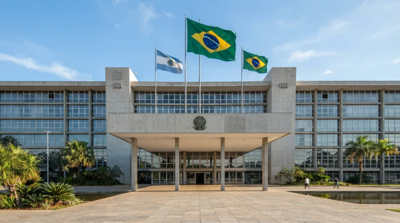 Fachada institucional de órgão público brasileiro com bandeiras do Brasil ao fundo, iluminação diurna, foco arquitetônico.
