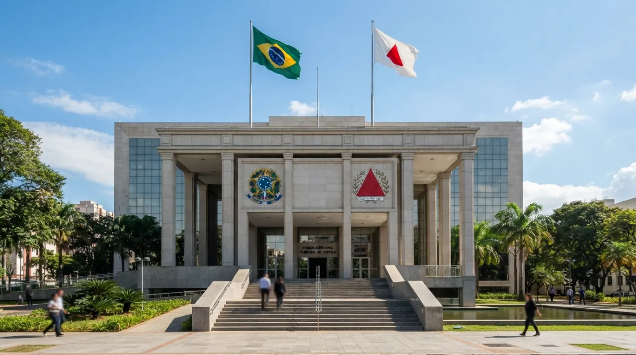 Fachada institucional de um prédio do Poder Judiciário com bandeiras do Brasil e do estado hasteadas em um dia ensolarado, estilo foto jornalística profissional.