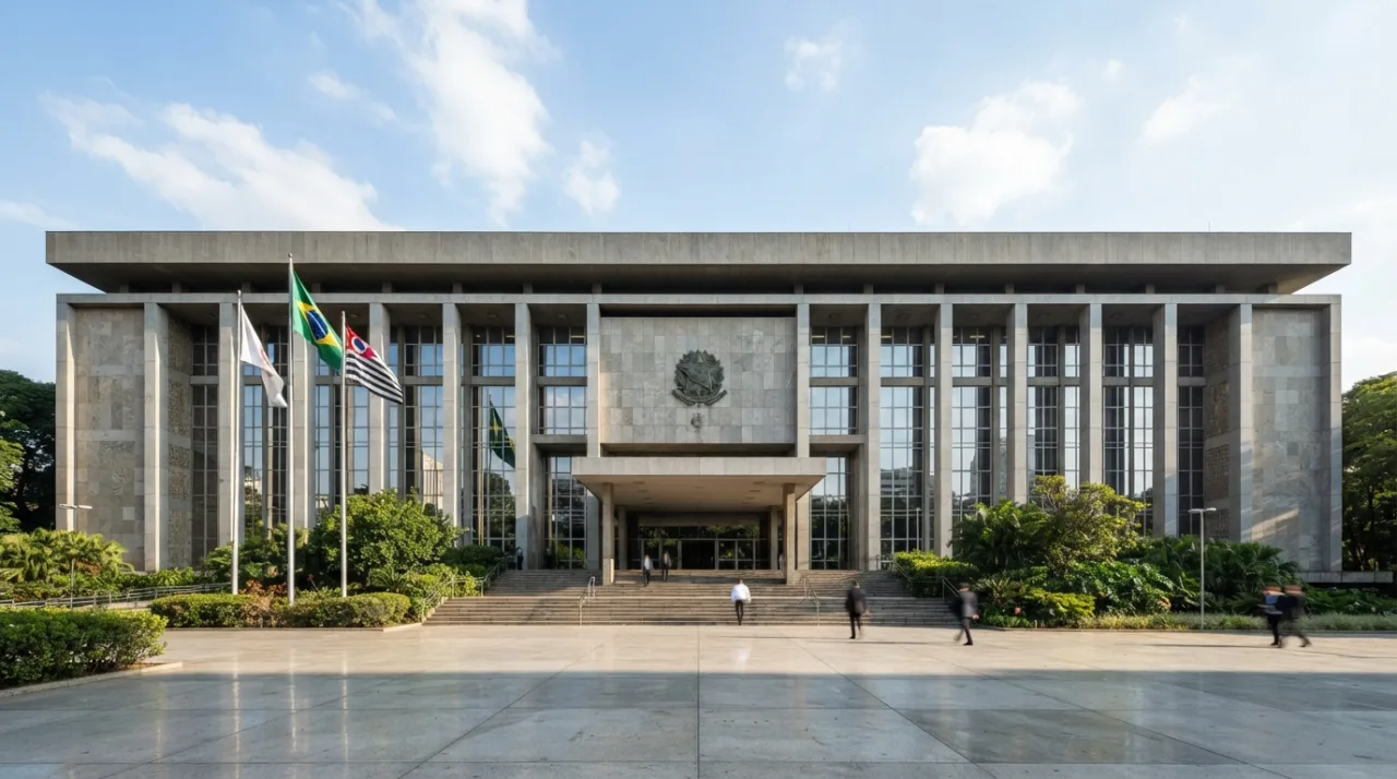 Fachada institucional de um prédio do tribunal de justiça brasileiro, iluminação de dia, arquitetura sóbria.