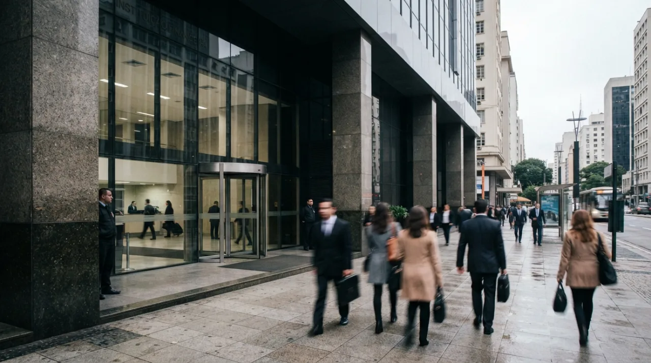 Fachada moderna de instituição financeira com movimento de pessoas em segundo plano, luz do dia, estilo jornalístico, foco em estabilidade e seriedade econômica.