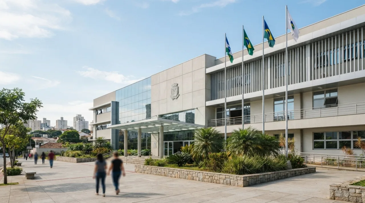 Fachada moderna de prédio governamental de secretaria de educação com bandeiras ao fundo, sem textos ou logotipos específicos.