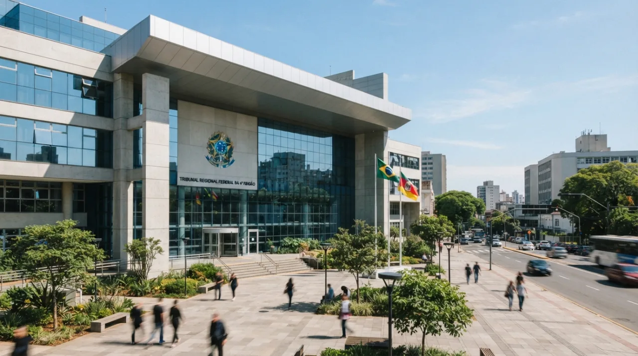 Fachada moderna de prédio público institucional do judiciário brasileiro, em ambiente urbano, iluminação clara de dia útil.