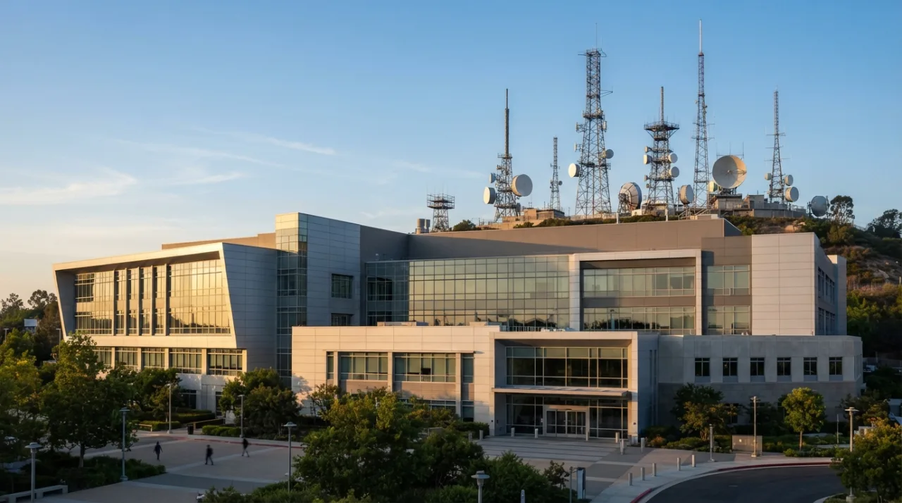 Fachada moderna de um grande complexo de estúdios de televisão com antenas de transmissão ao fundo, céu limpo, iluminação de fim de tarde, foco arquitetônico profissional.