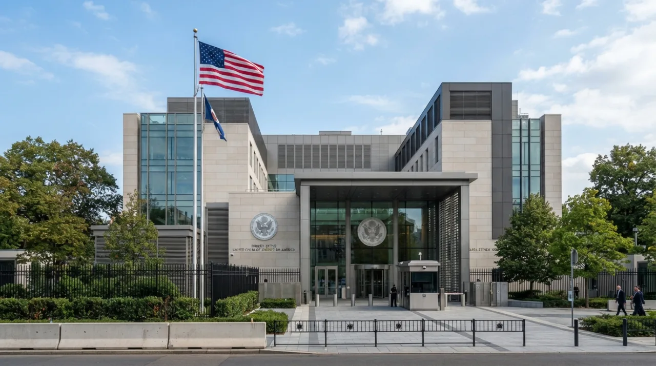 Fachada moderna e imponente de uma embaixada diplomática com a bandeira dos EUA hasteada, ambiente externo controlado, foco em arquitetura institucional, luz do dia, alta definição