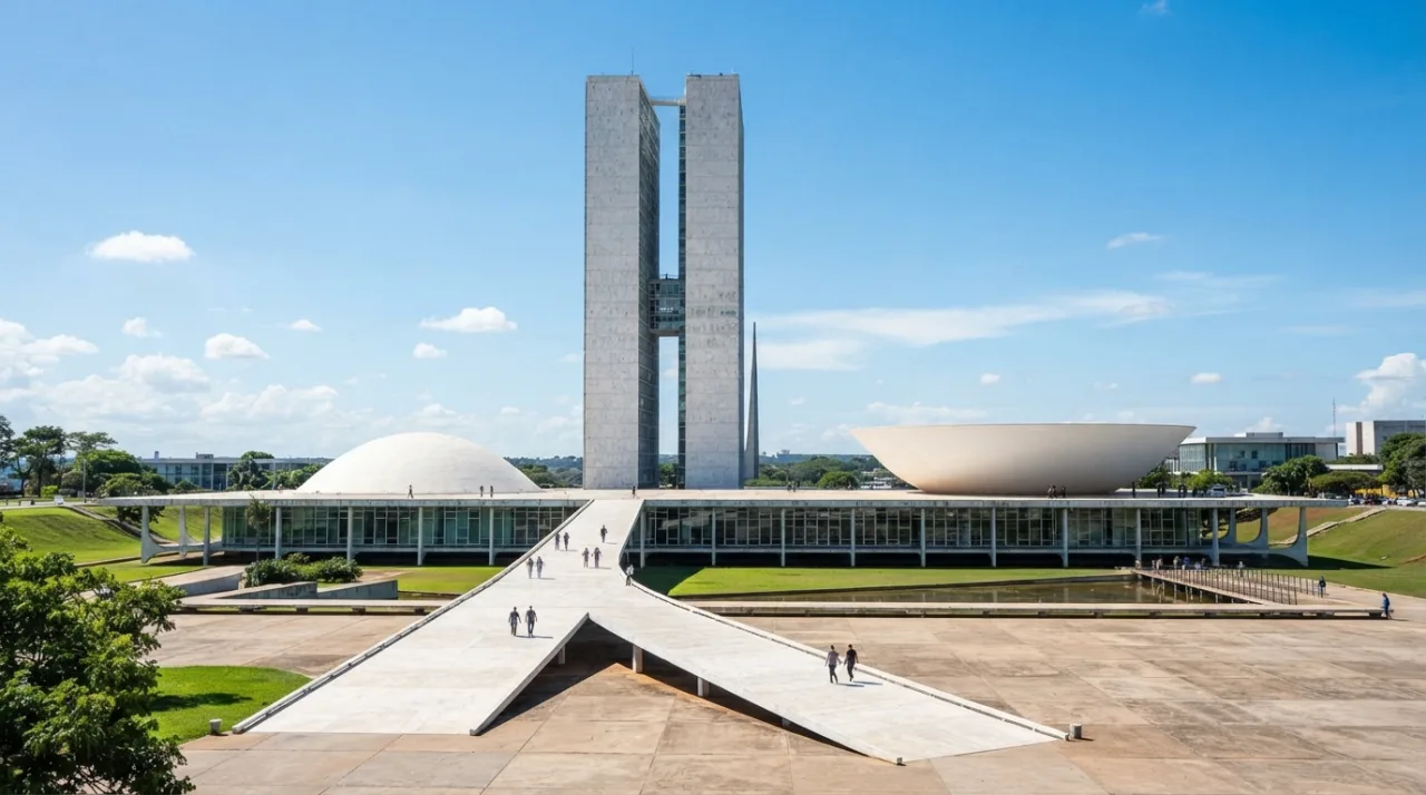 Fachada monumental do Senado Federal em Brasília sob luz clara de dia, estilo foto jornalística profissional.