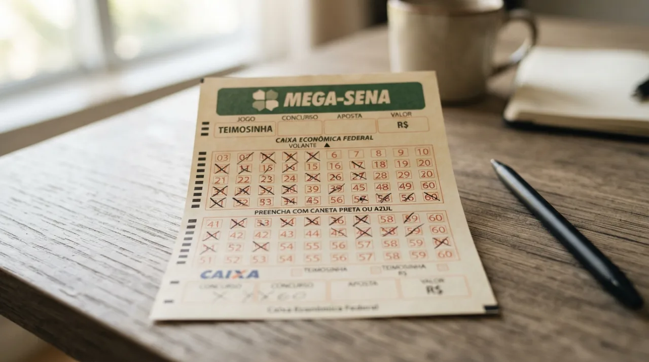 Foto detalhada e profissional de um volante da loteria Mega-Sena preenchido sobre uma superfície neutra, com iluminação suave enfatizando os números marcados.