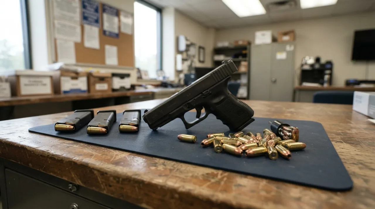 Foto realista de armamento tipo pistola, carregadores e munições sobre uma mesa de madeira em ambiente interno, com iluminação de delegacia, foco técnico e nítido, sem pessoas ou r