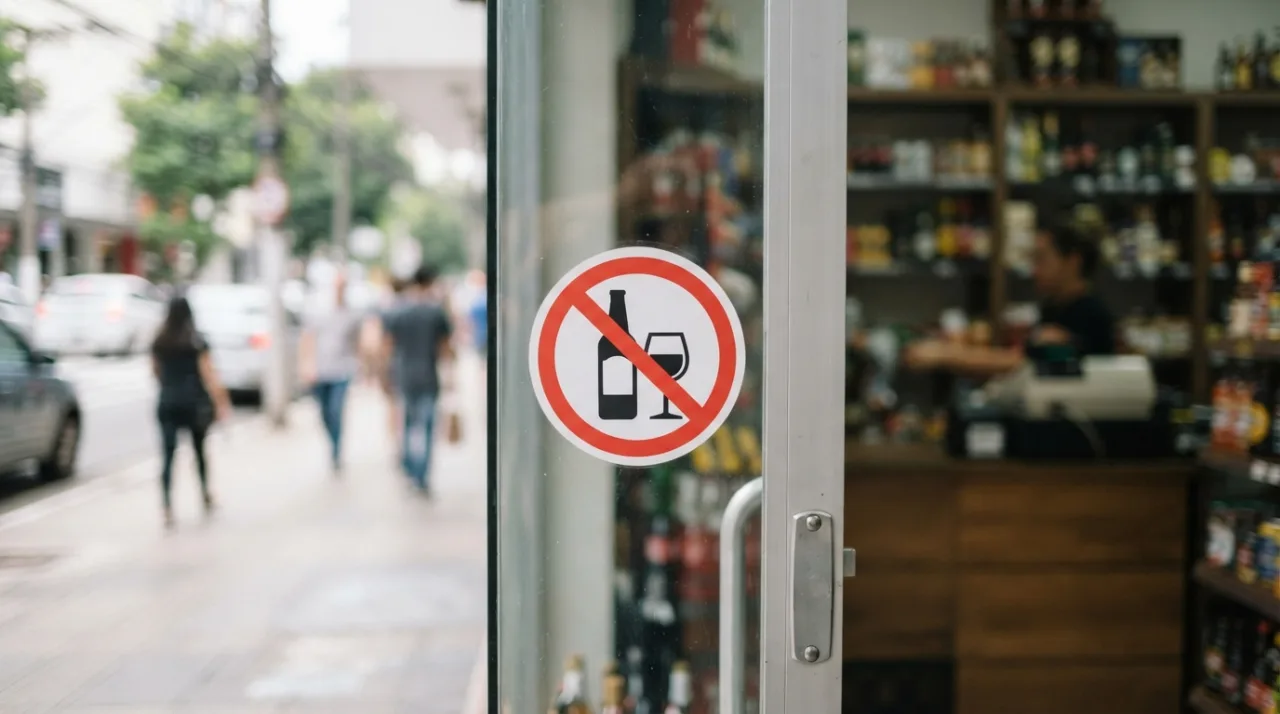 Foto realista de uma placa de aviso de proibição de venda de bebidas alcoólicas fixada em uma porta de vidro de um estabelecimento comercial, com iluminação de dia claro ao fundo.